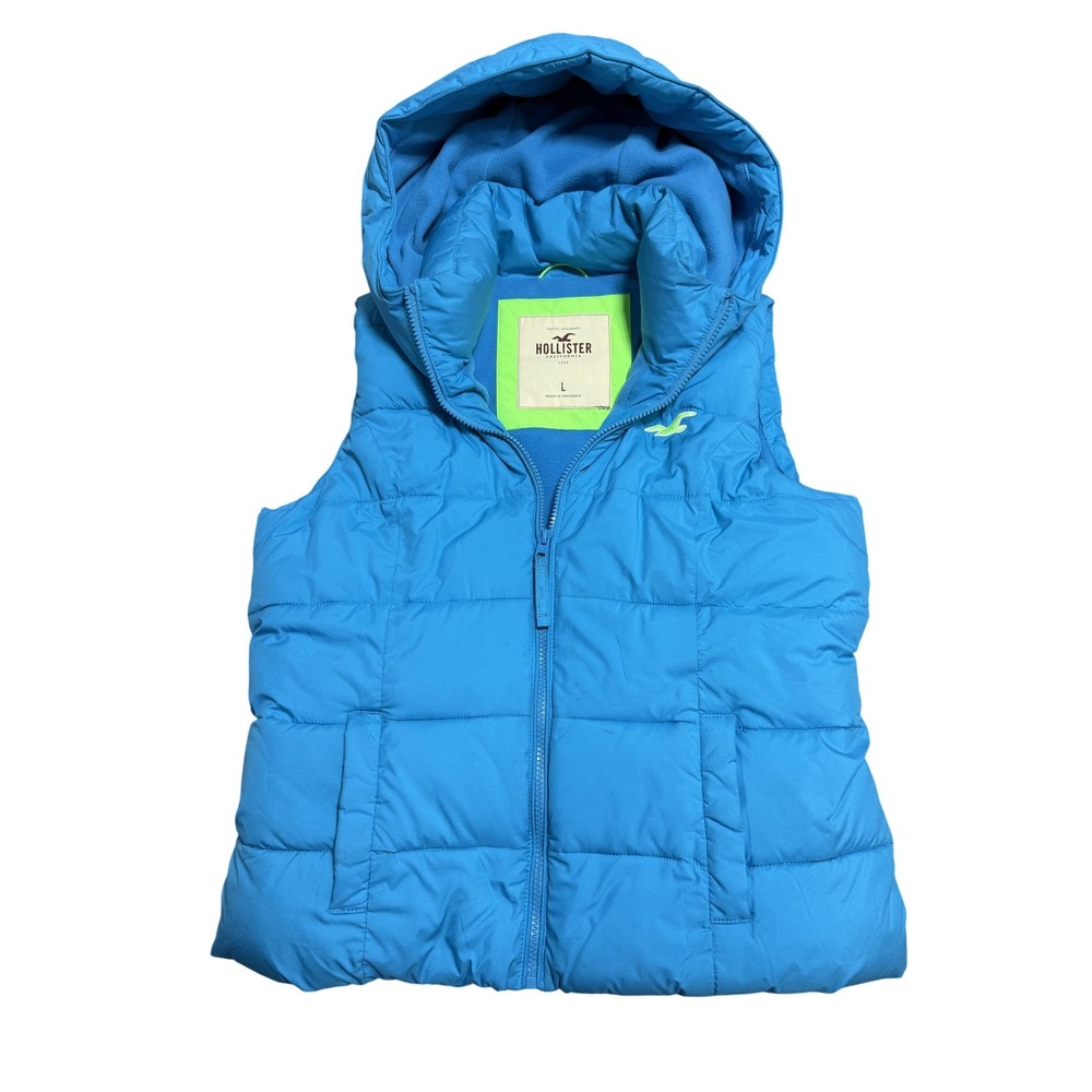 Hollister Puffer Vest Womens Large Blue Hooded Fleece Lined Quilted Seagull Logo